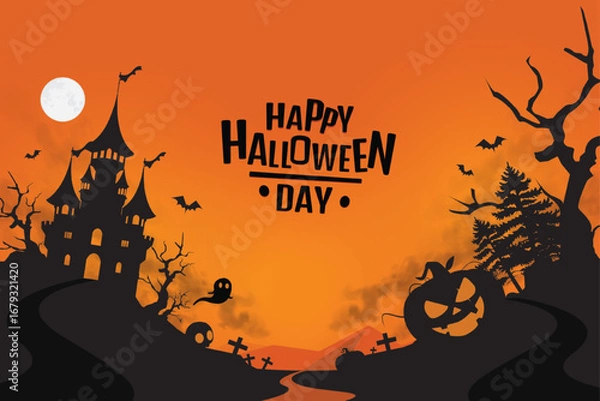 Fototapeta Happy Halloween Night Background with Haunted Castle and Pumpkin. vector design