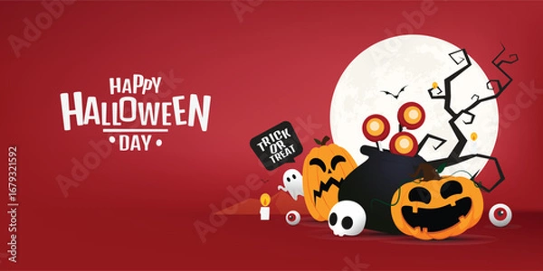 Fototapeta Halloween Background with Pumpkins Ghost Cauldron and Full Moon. vector design