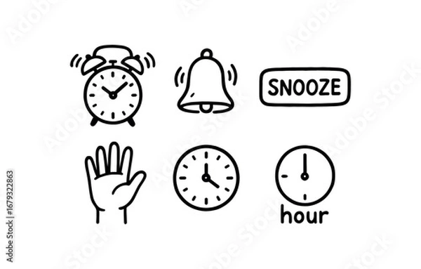 Obraz hand drawn cute doodle style line isolated on white background: alarm clock bell ring snooze button wake hand time dial hour