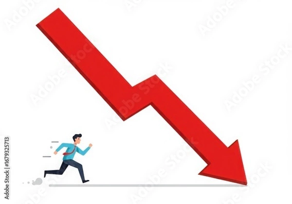 Fototapeta Man running from falling red downward arrow isolated on white background