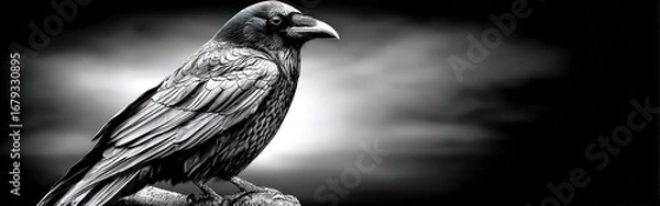 Fototapeta A crow sits on a dry branch, cawing into the chilling air during Halloween, adding an eerie touch to the landscape
