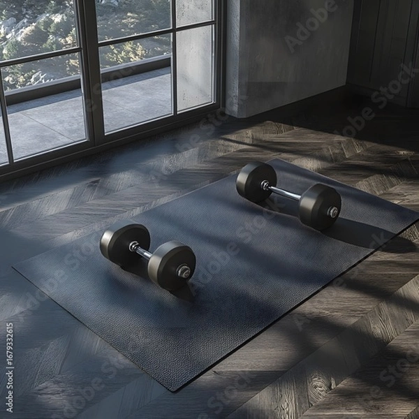 Obraz Modern Home Gym Dumbbells on Mat Hardwood Floor
