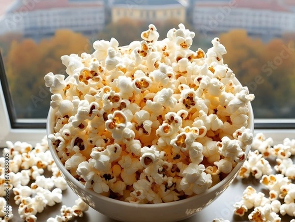 Fototapeta Delicious Buttery Popcorn in Bowl by Window