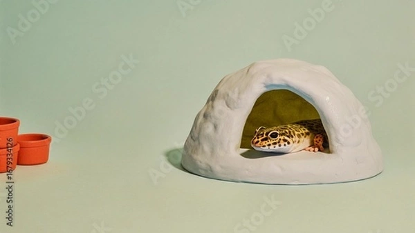 Fototapeta Exotic Pet Accessories Surreal Concept A leopard gecko peeks out from a rock cave with small pots nearby.