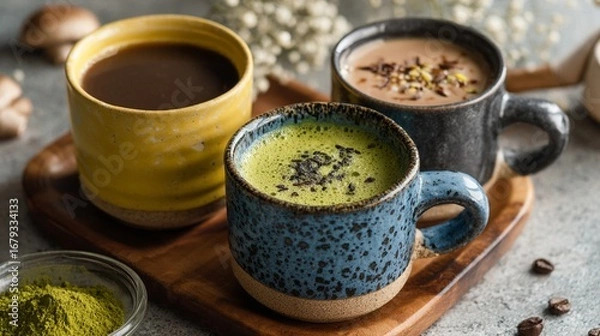 Fototapeta Artisan ceramic mugs showcase three unique beverages - vibrant green matcha, rich espresso, and creamy latte - arranged on rustic wooden board with scattered coffee beans and powder.