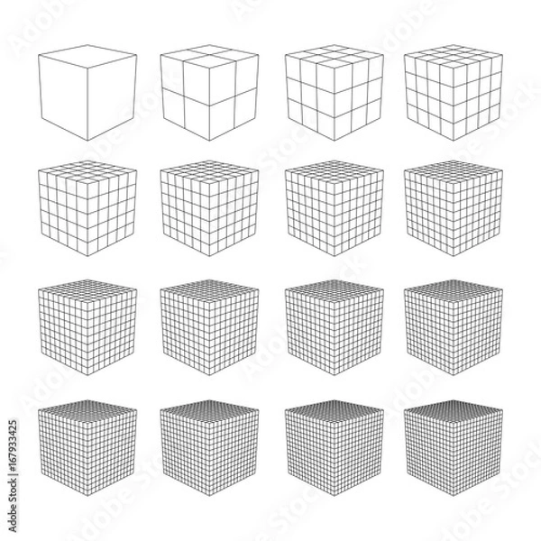 Obraz Wireframe Mesh Cube in Differenr Resolution. Connection Structure. Digital Data Visualization Concept. Vector Illustration.