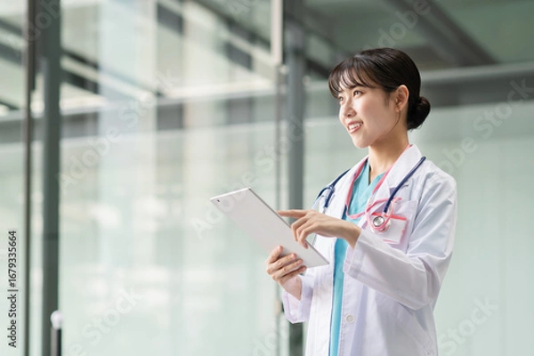 Fototapeta 病院で働く若い女性医師「撮影協力：スカパー東京メディアセンター」