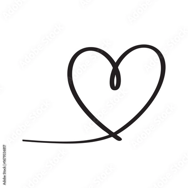 Fototapeta A single black line drawing a heart shape with a small swirl inside on a white background art design