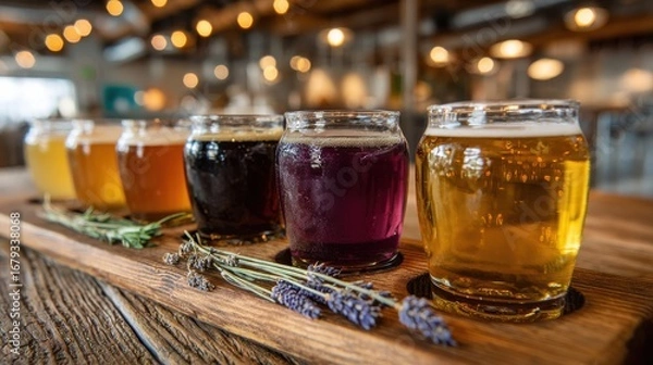 Fototapeta Artisan Brewery Tour: Mead tasting flight with wooden paddle and lavender sprigs in modern brewery setting
