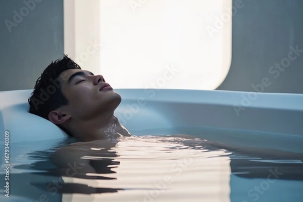 Obraz A young man relaxes in a tranquil, modern bathtub, eyes closed, enjoying a peaceful moment of serenity.