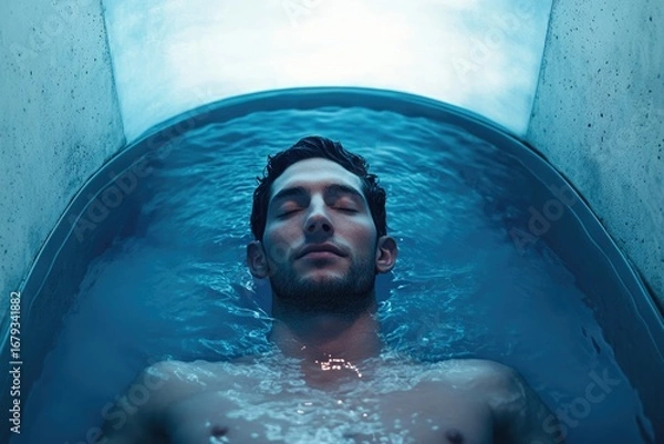 Obraz A man serenely floats in a cool, blue sensory deprivation tank, eyes closed, achieving tranquility.