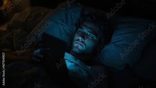 Fototapeta Serene man in bed scrolling news tablet glow shadows late at night