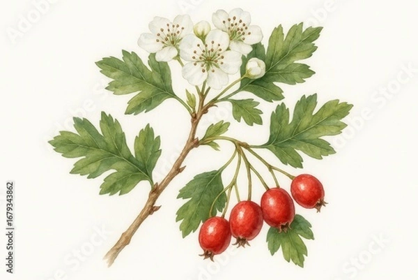 Fototapeta Hawthorn Branch (Crataegus monogyna) with White Blossoms and Red Berries — Watercolor Botanical Illustration