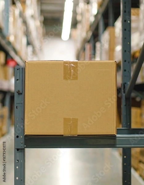 Obraz Cardboard box on metal shelving in a warehouse
