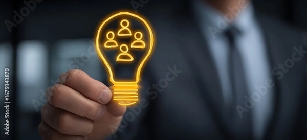 Fototapeta Man in business suit holding glowing light bulb, symbolizing innovation, creativity, leadership, and bright business ideas in modern corporate and professional concepts.