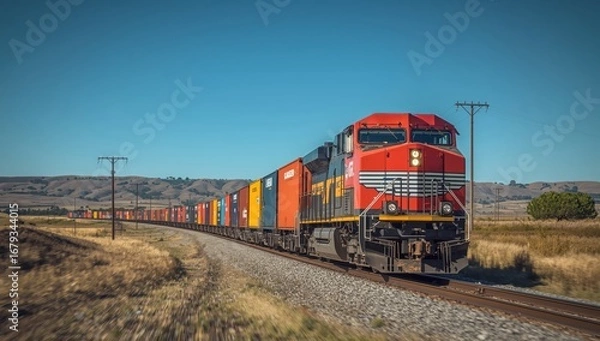 Fototapeta Freight train carrying colorful containers across sunny border landscape in motion