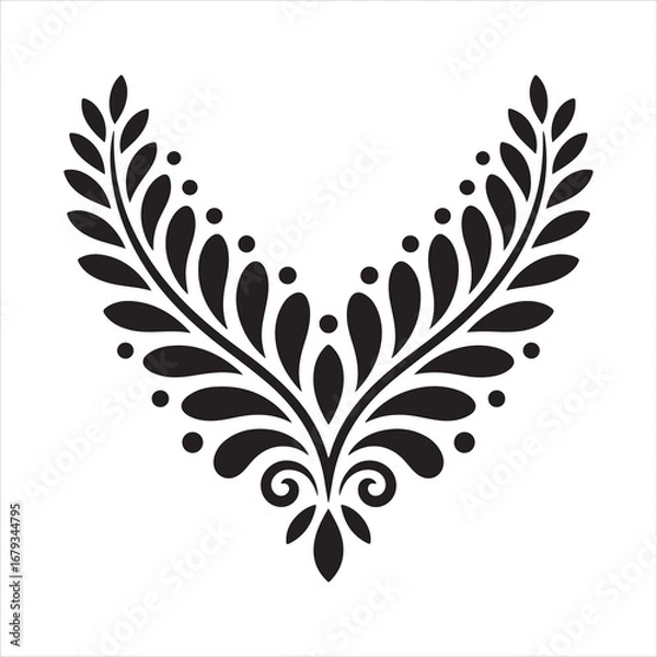 Fototapeta Black floral ornament with leaves and dots on white background decorative pattern
