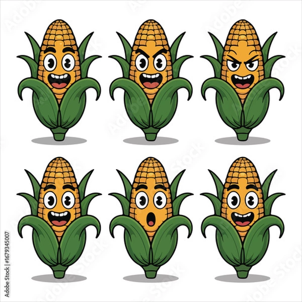 Fototapeta Six Cartoon Corn Characters With Different Facial Expressions On White Background