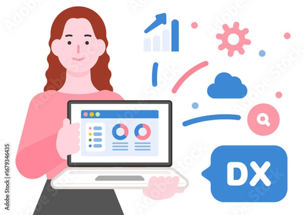 Fototapeta デジタルトランスフォーメーションとデータ分析のイラスト（ビジネスDX）