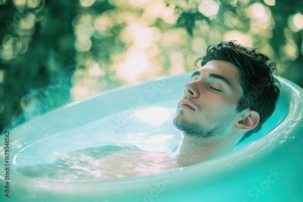 Obraz A young man serenely floats in a teal tub, eyes closed, enjoying a tranquil outdoor bath.