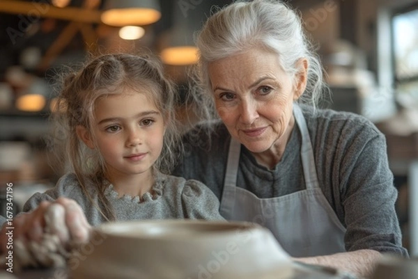 Obraz A young girl and her grandmother attentively work together on a pottery project, sharing a moment of focused creativity.
