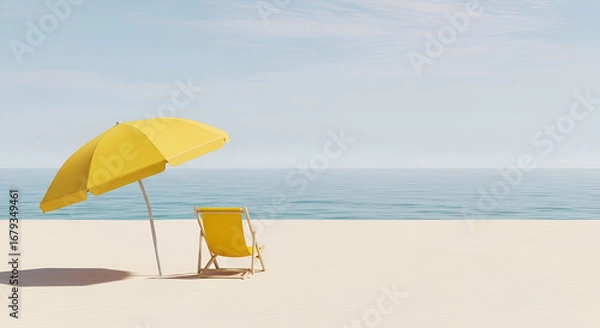 Fototapeta Imagine relaxing on this pristine beach with a vibrant yellow umbrella and chair offering shade and comfort on a sunny day, perfect for vacation vibes