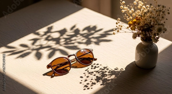 Fototapeta Chic amber sunglasses and pretty dried floral arrangement cast graceful shadows on wood table in warm sunlight, perfect for summer style and home decor