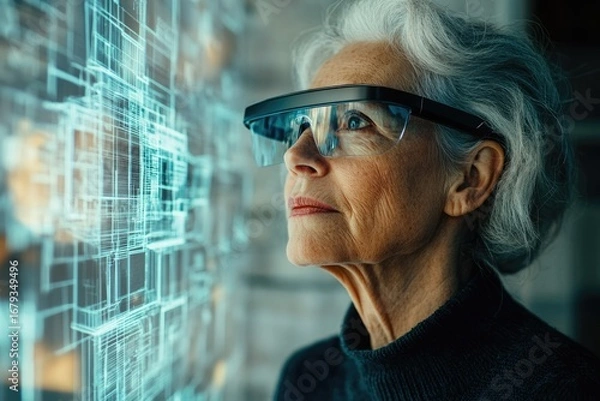 Obraz An elderly woman wearing futuristic glasses interacts with a digital holographic display, exploring a complex data visualization.