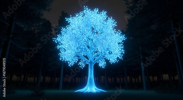 Fototapeta Enchanting glowing tree radiates vibrant light in mysterious forest at night, perfect for fantasy designs, magical themes, and captivating nature visuals