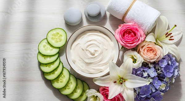 Fototapeta Pamper your skin with a rejuvenating spa day at home, featuring soothing cucumber slices, a creamy face mask, soft towel, and fresh flowers for ultimate relaxation