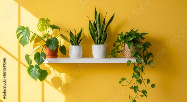 Fototapeta Bring a vibrant, modern touch to your home with these stylish indoor plants arranged beautifully on a shelf against a cheerful yellow wall, perfect for lifestyle blogs