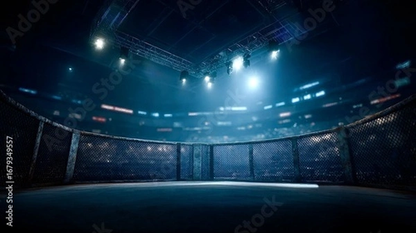 Fototapeta Empty fighting arena illuminated by spotlights waiting for fighters