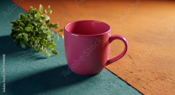 Fototapeta Sip your morning coffee from this vibrant pink mug, paired with a lush green plant, adding a touch of serenity and color to your daily ritual now