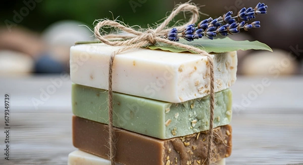 Fototapeta Artisanal stacked soaps tied with twine and lavender convey natural beauty and eco-friendly living for spa products and sustainable lifestyle brands