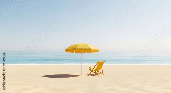 Fototapeta Dreamy beach escape with yellow umbrella and lounge chair for serene relaxation, perfect summer vacation vibes and coastal calm, ideal for travel and leisure ads