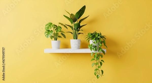 Fototapeta Brighten your space with lush potted plants on a minimalist white shelf against a vibrant yellow wall, perfect for adding a touch of nature and modern style