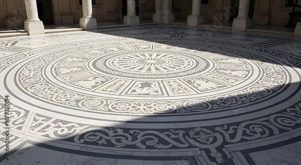 Fototapeta Stunning marble courtyard floor with intricate circular tile patterns and classical motifs bathed in natural sunlight, perfect for architectural design inspiration