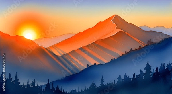Fototapeta Stunning watercolor painting of mountain landscape at sunset with vibrant orange glow over misty forest, creating a peaceful and serene atmosphere for nature lovers