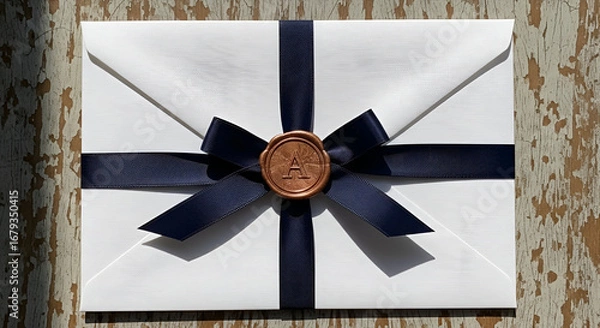 Fototapeta Elegant invitation with navy ribbon and wax seal for weddings, corporate events, or personalized stationery designs, making a memorable first impression