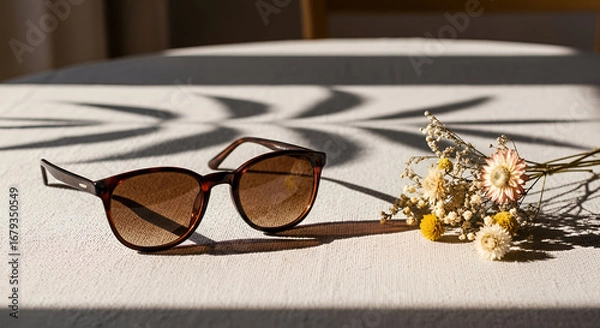 Fototapeta Stylish sunglasses and delicate dried flowers create a sun-drenched, serene mood ready for your next summer campaign or inviting social media post