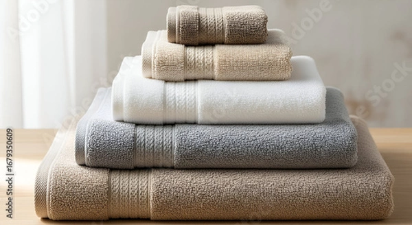 Fototapeta Luxurious folded towels in neutral tones add spa elegance to your bathroom decor, promising soft comfort and a touch of understated sophistication for everyday use