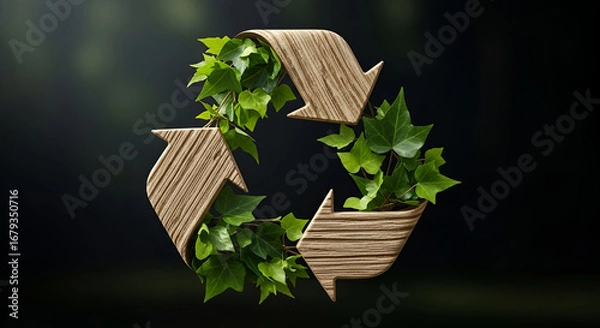 Fototapeta Eco-friendly wooden recycle symbol with lush green ivy, symbolizing environmental sustainability and commitment to a greener future for conscious consumers today