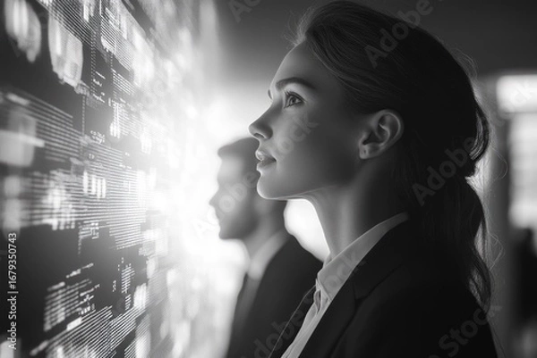 Obraz A woman and a man in business attire stand before a large screen displaying data streams, contemplating the digital future.