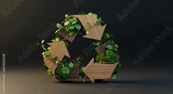 Fototapeta Inspiring wood recycle symbol entwined with vibrant green foliage for eco-conscious design projects or conveying sustainability, conservation and environmental awareness