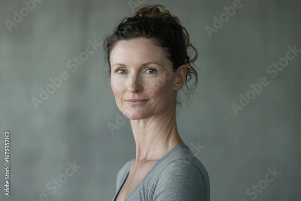 Obraz A headshot of a middle-aged woman with brown hair pulled up in a bun, wearing a gray top, against a muted green background.