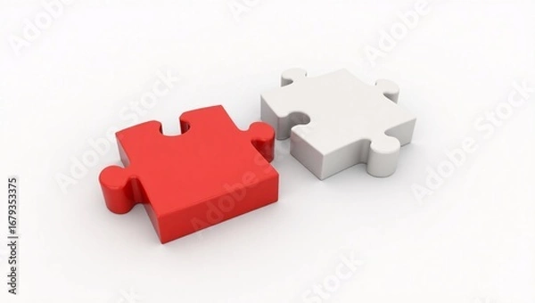Fototapeta Two puzzle pieces, one red and one white, representing connection or collaboration.
