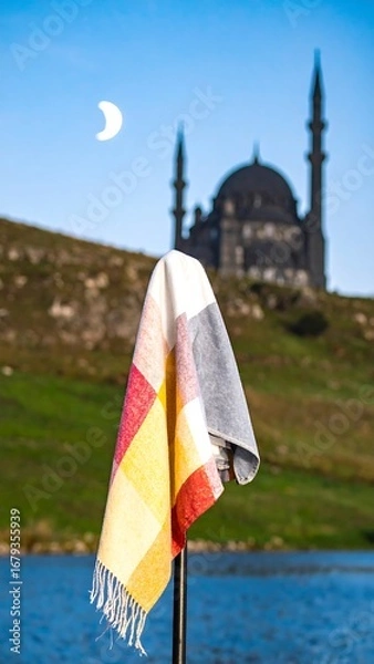 Obraz Colorful cloth draped against a mosque backdrop