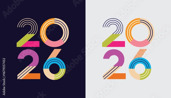 Fototapeta Happy New Year 2026 geometric shape and stipes line, celebration, greeting card, invitation, calendar concept. Design template post new year 2026.