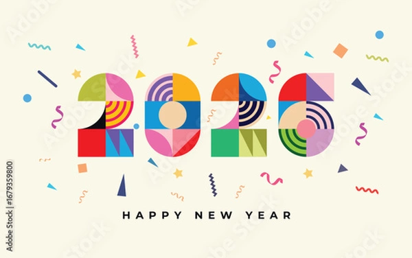 Fototapeta 2026 New Year banner with numbers from simple geometric shapes and figures inside confetti. Template for greeting card, invitation, poster, flyer, web. Vector illustration isolated on background.