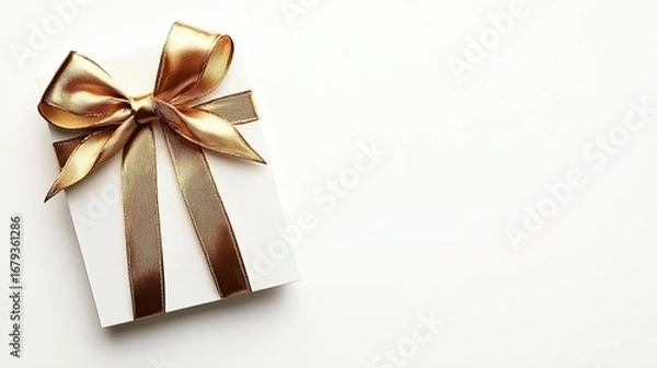 Fototapeta Elegant White Gift Box with Gold Ribbon on Minimalist Background